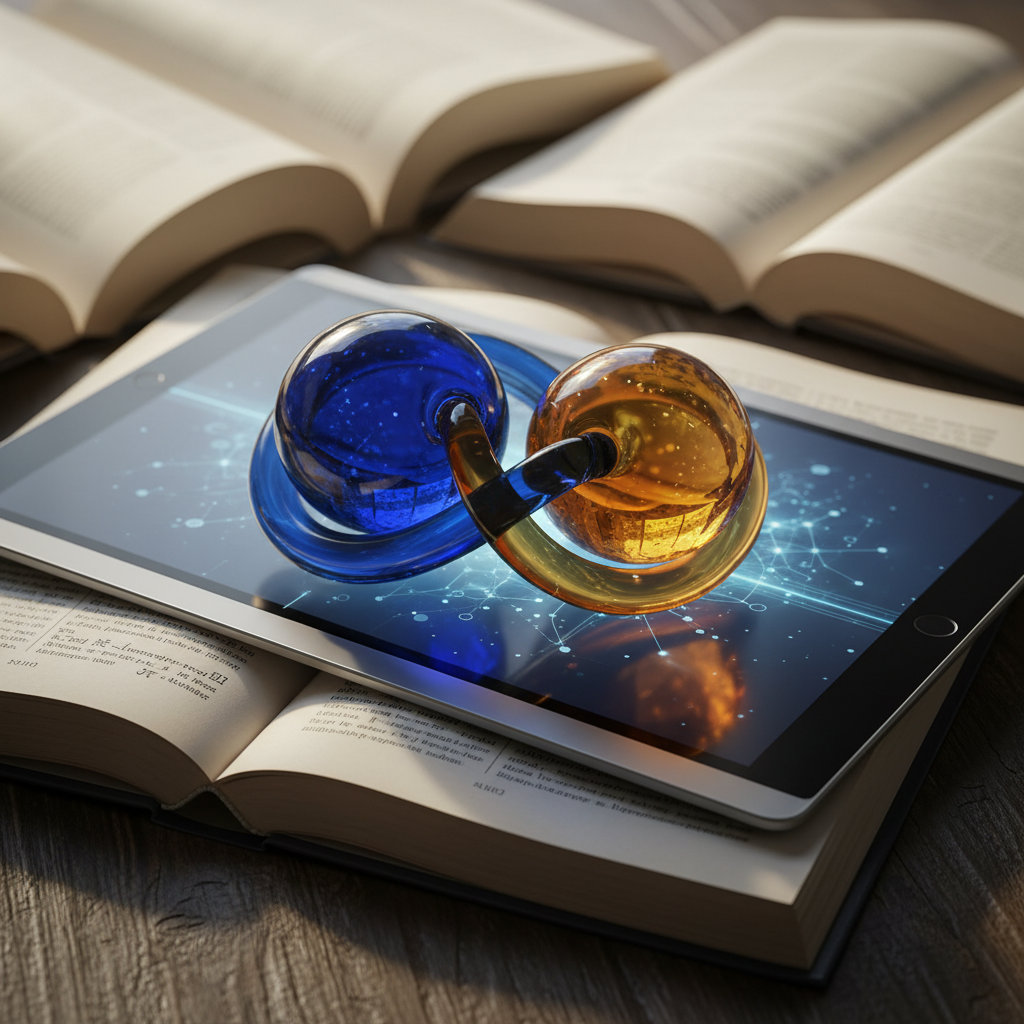 Metaphorical image symbolizing language harmony and bilingual skill mastery with glass spheres, textbooks, and digital AI tools.