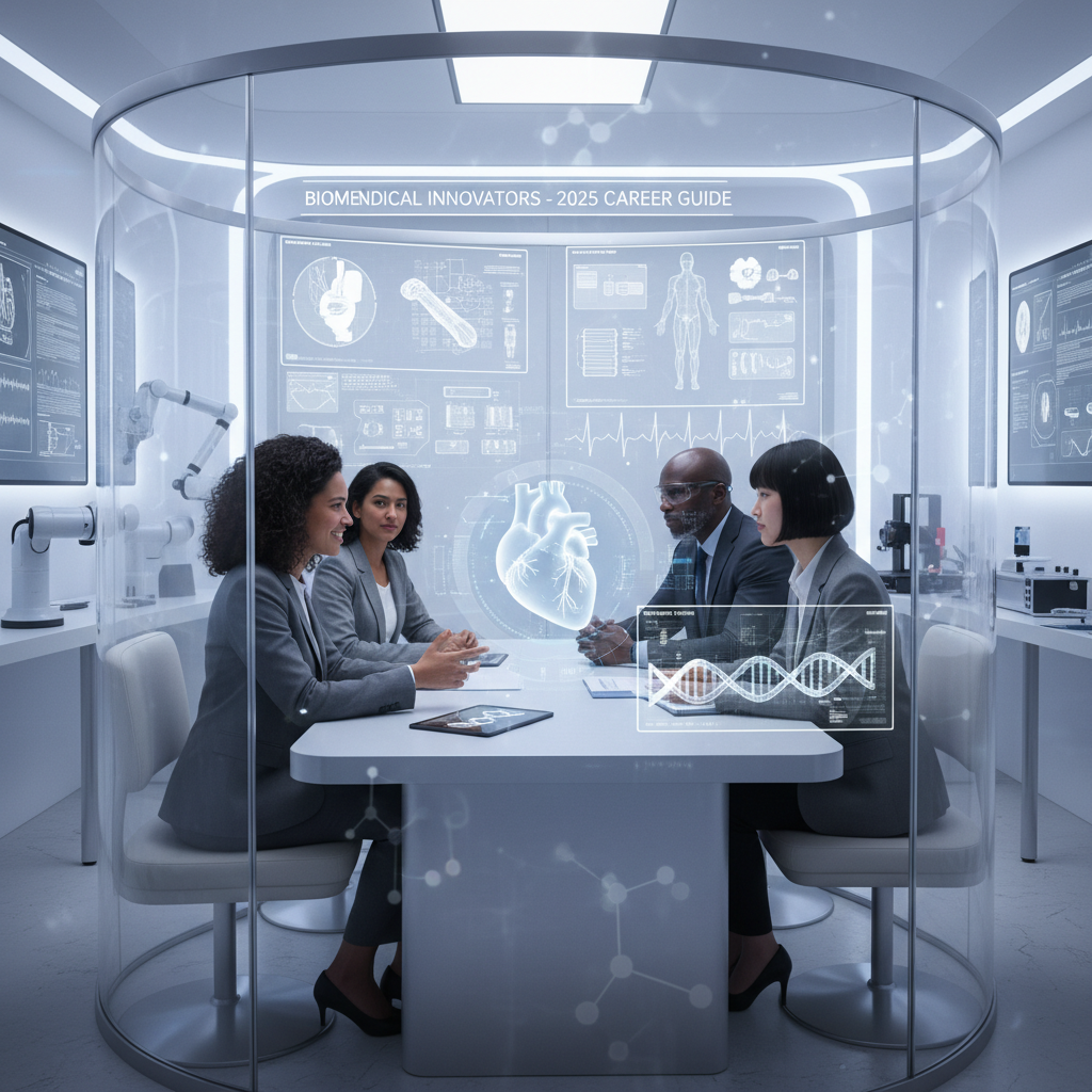 Confident biomedical engineer candidate in a tech-driven interview setting representing healthcare and engineering fusion