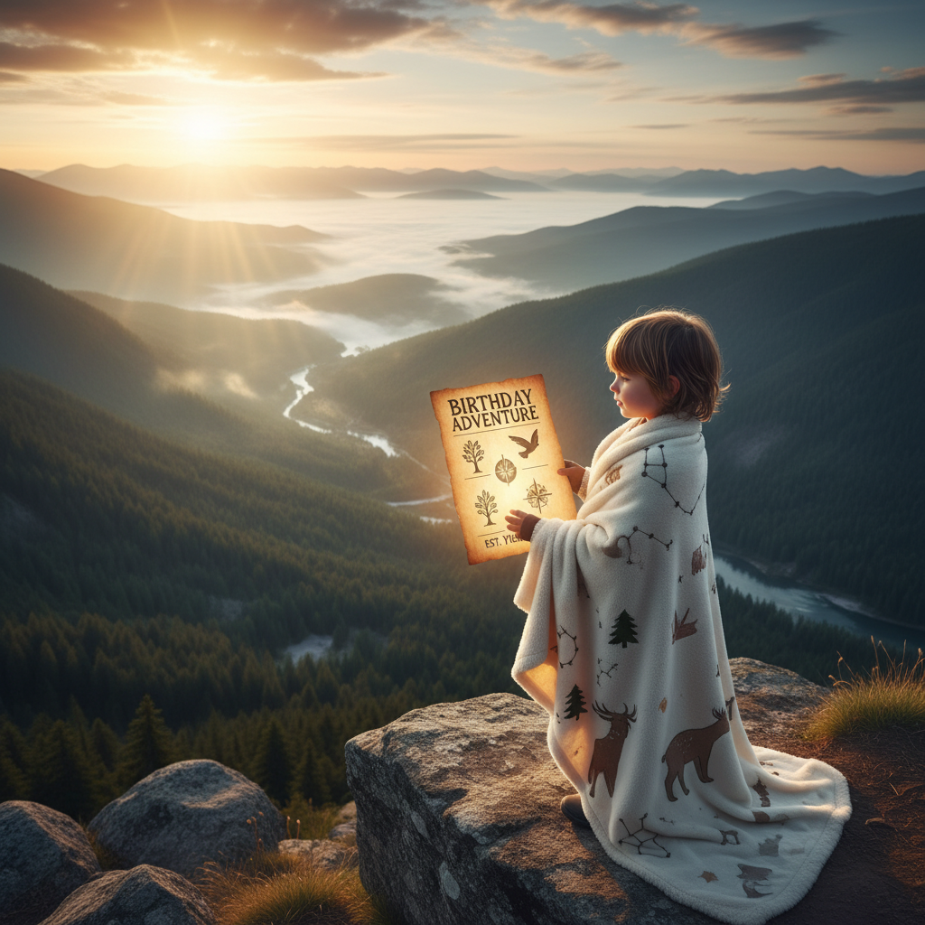 A child holding a glowing personalized milestone poster at sunset, overlooking a valley, symbolizing the impact of meaningful birthday gifts.