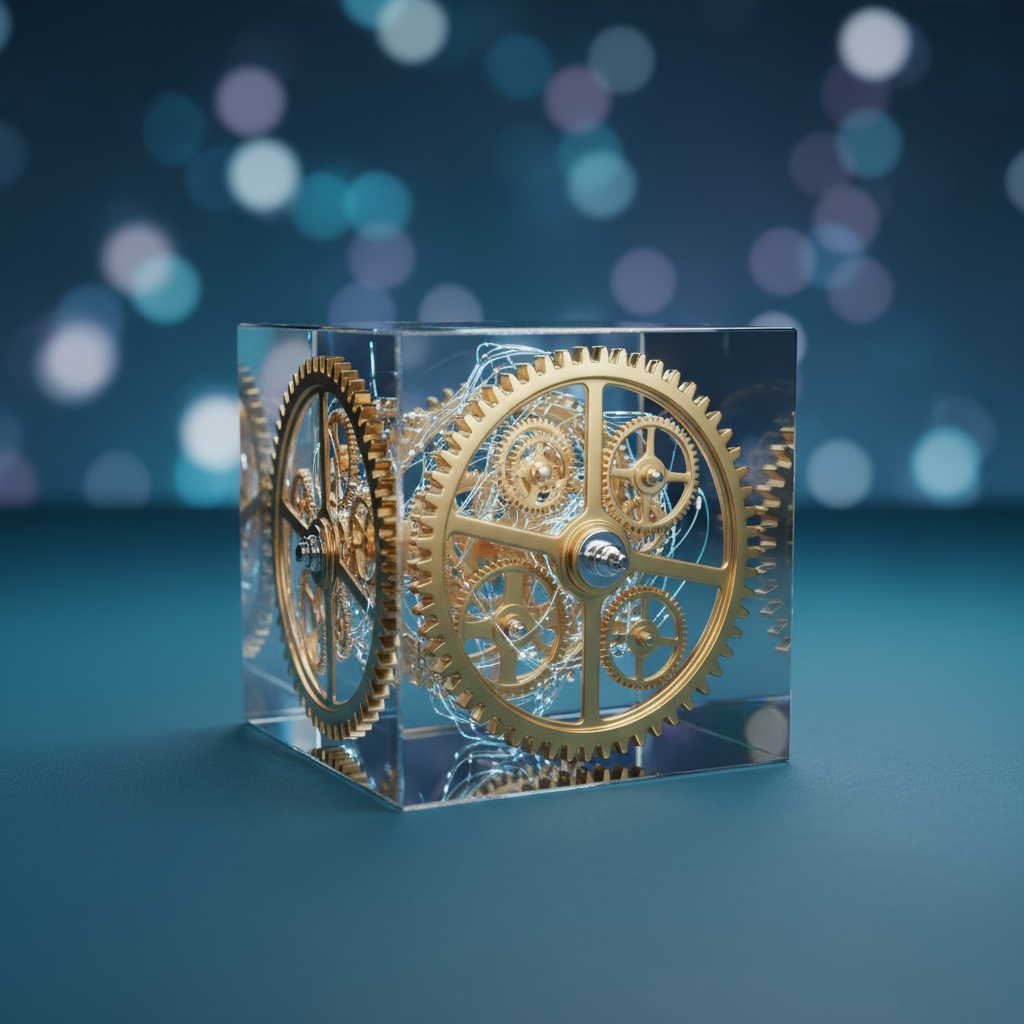 Photorealistic glass cube with golden gears and AI glow symbolizing EVM transparency and mechanism