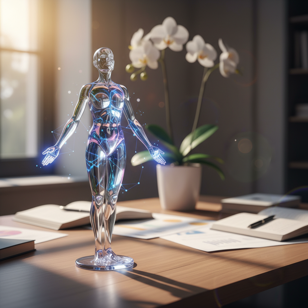 Clear glass sculpture representing confident, transparent interview body language on a sunlit desk