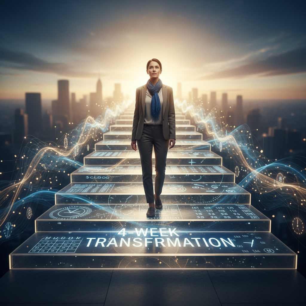 Un candidat motivé progresse sur les marches lumineuses d’un parcours carrière, chaque marche symbolisant une étape clé du bootcamp entretien 4 semaines