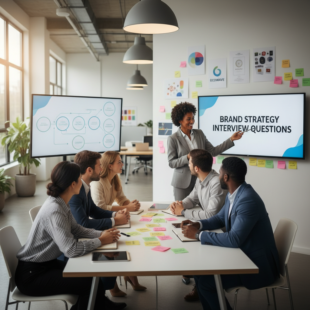 Candidates and hiring manager discussing brand strategist interview questions in a creative office setting
