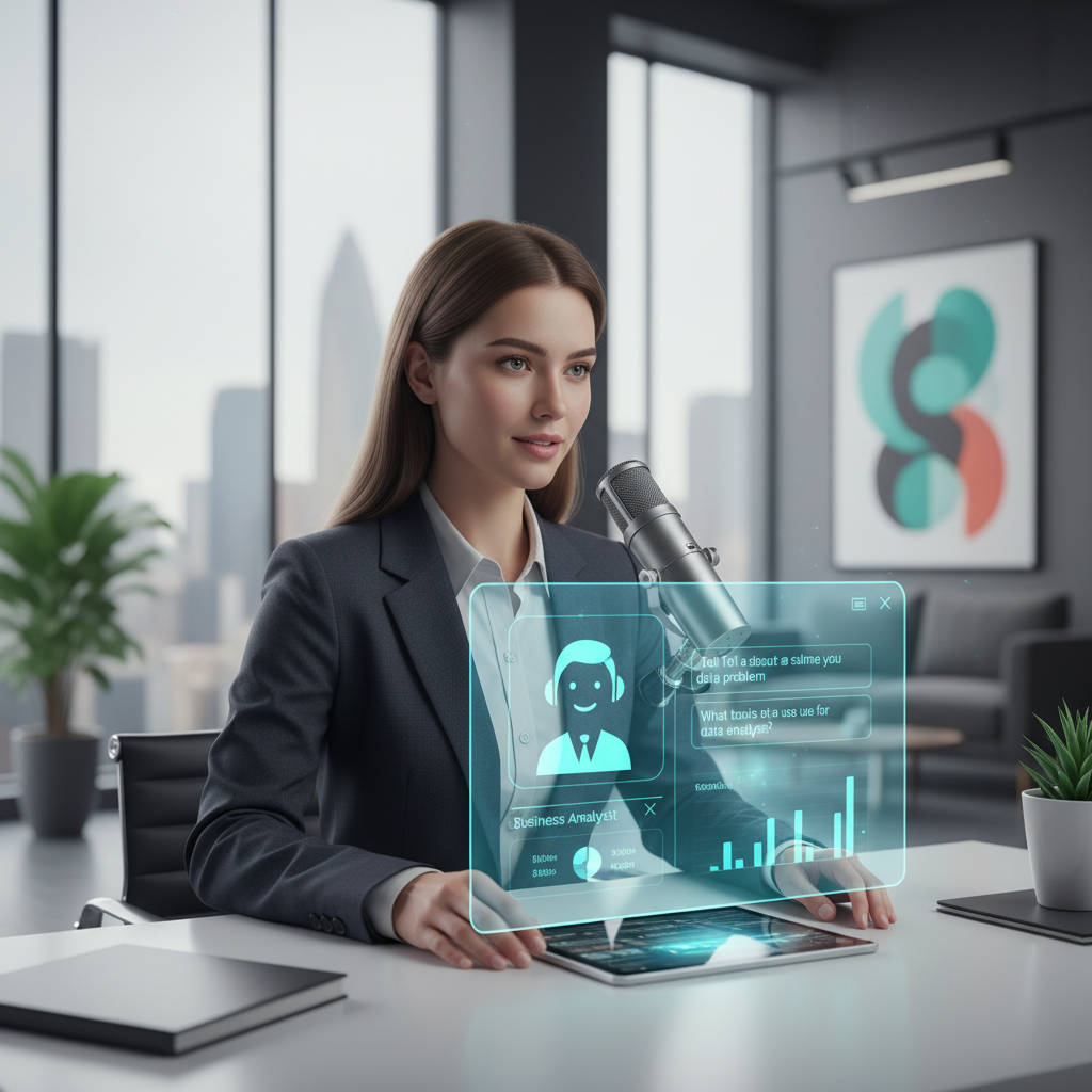 Job seeker practicing for business analyst interview on an AI-powered platform