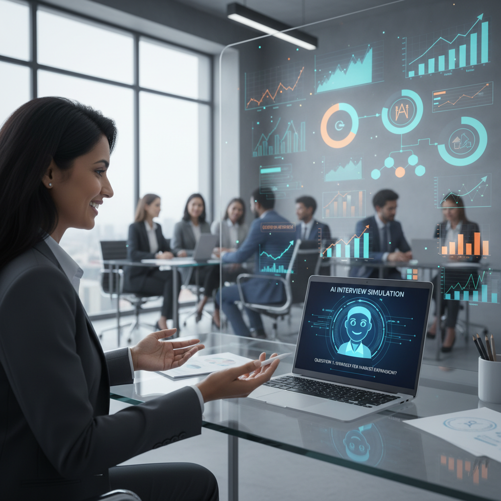 Confident business development manager in a mock interview, AI-powered laptop on desk, charts illustrating growth.