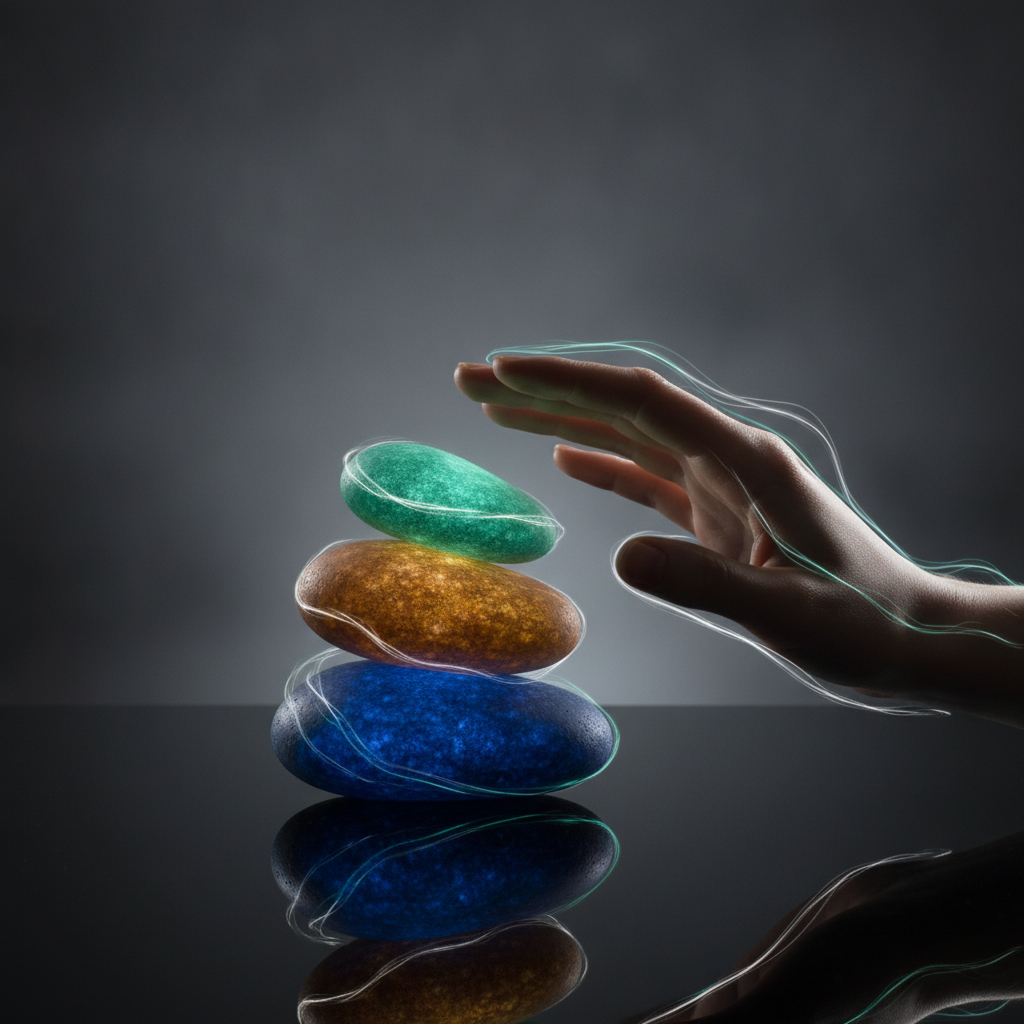 Metáfora visual de calma y estabilidad: piedras apiladas y mano estable, iluminadas suavemente para transmitir serenidad bajo presión en una entrevista