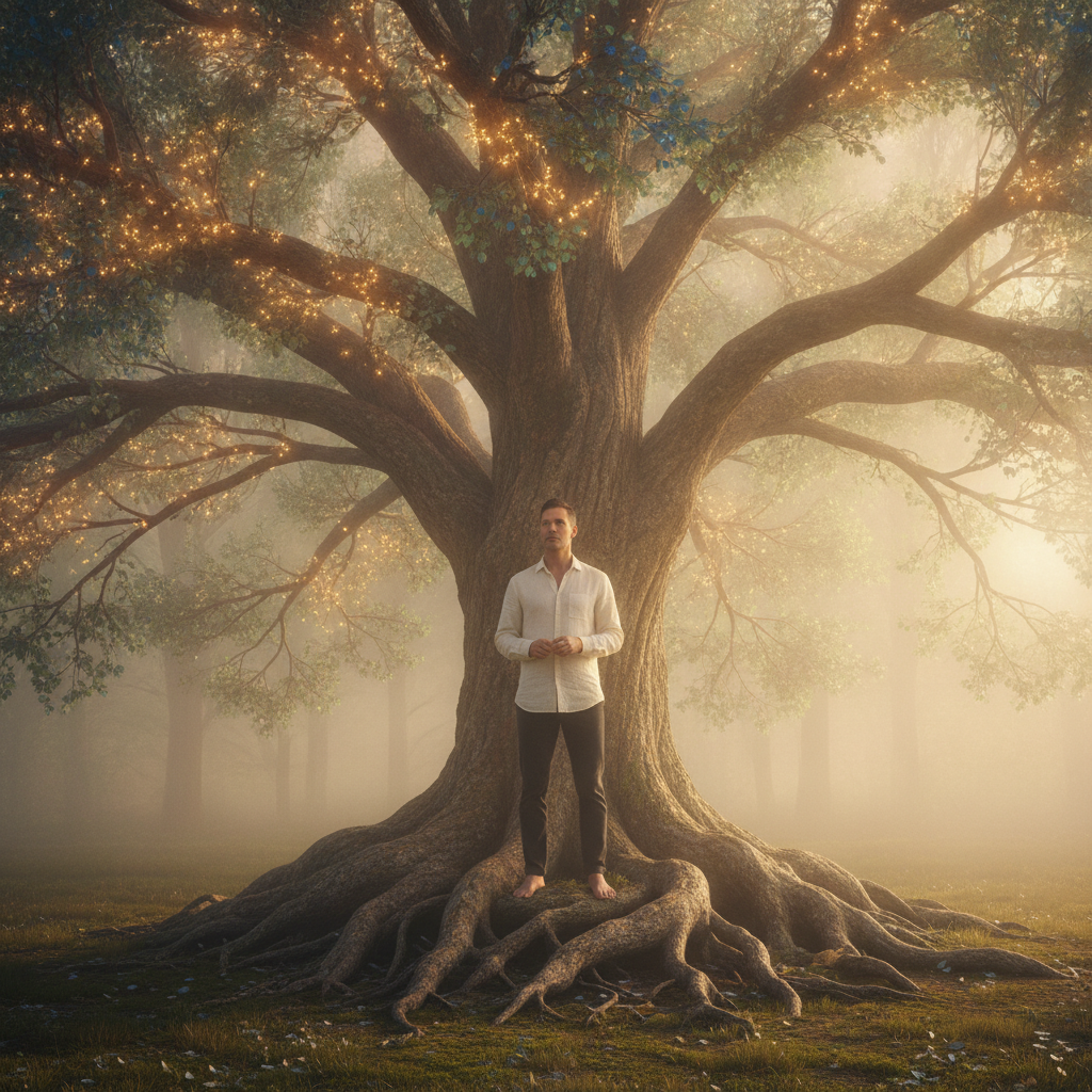 Persona reflexionando ante un árbol gigante con raíces y ramas iluminadas, simbolizando el potencial y las posibilidades al cambiar de carrera profesional
