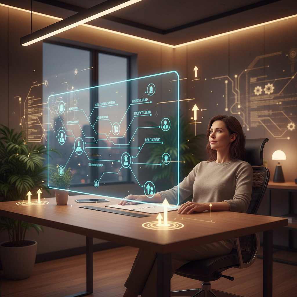 Profesional planificando un cambio de trabajo seguro con soporte digital y AI