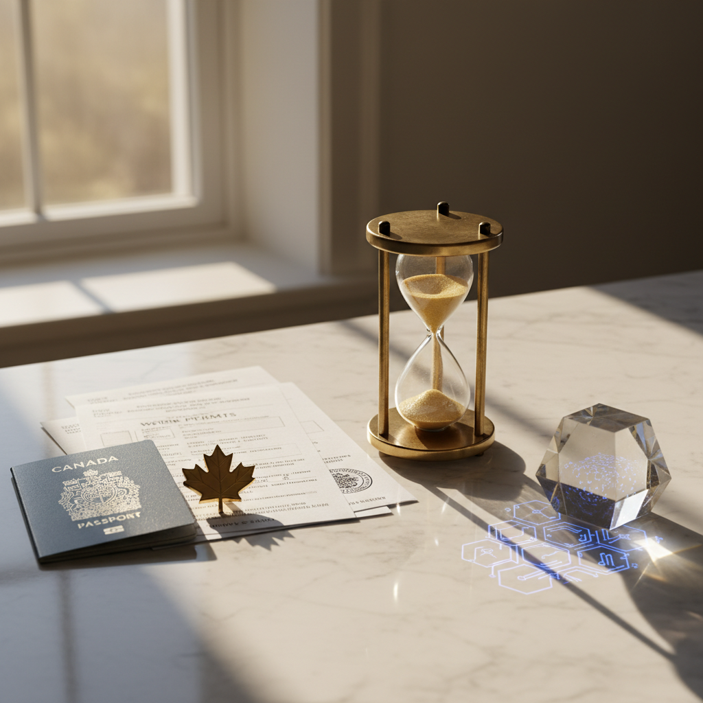 A marble desk with a Canadian passport, flag pin, LMIA documents, and work permits laid out beside a flowing hourglass - symbolizing the journey and timing of Canadian immigration and employment.