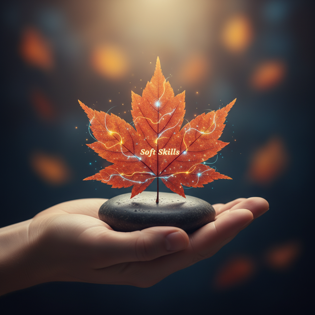 Open hand holding a maple leaf woven with light, symbolizing soft skills in Canadian job interviews