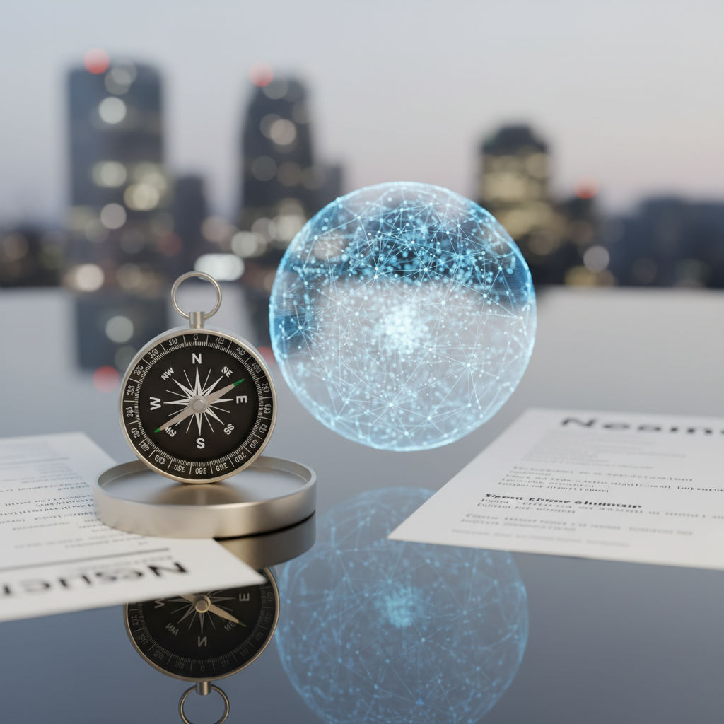 A compass turning towards a new direction on a table with resumes, symbolizing career transition and reinvention.