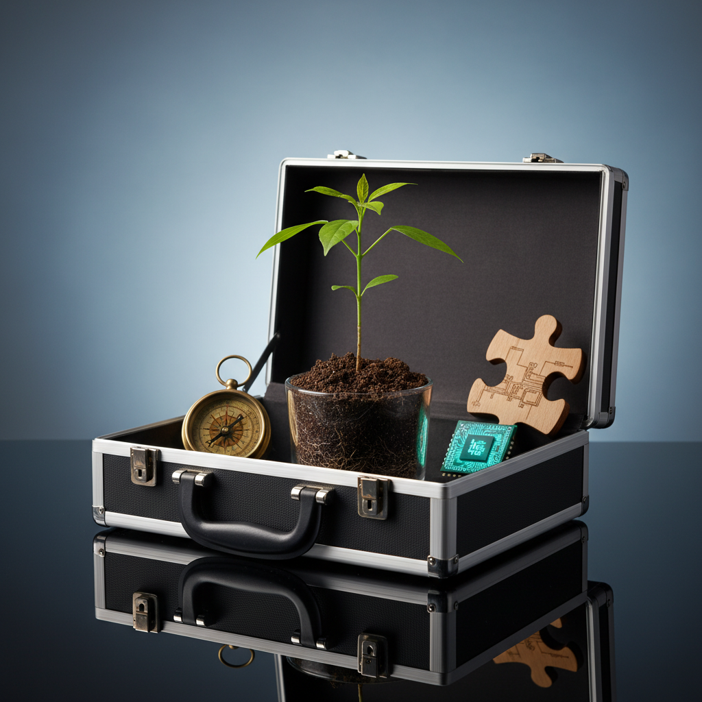 Metaphorical image of an open briefcase with a sapling, compass, puzzle piece, and AI chip symbolizing new beginnings and tech support in a career switch