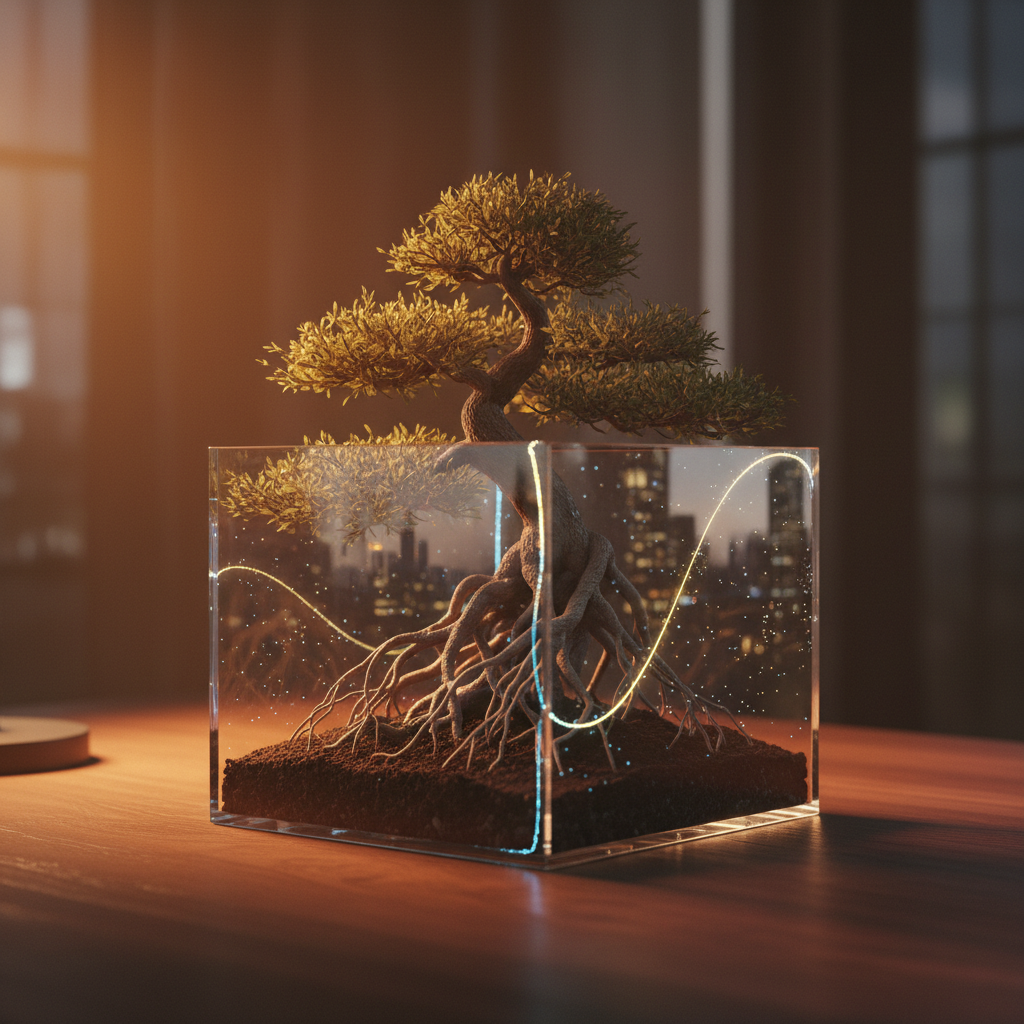 Bonsai tree in glass terrarium symbolizes career stagnation and growth