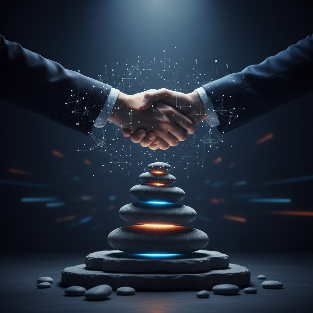 Manos estrechándose representando cierre de entrevista exitoso, con efecto digital de IA