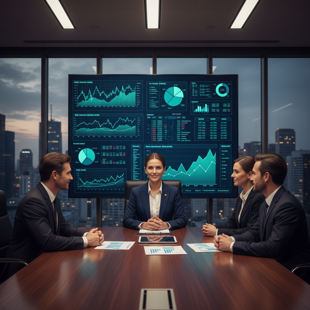 A confident CFO candidate demonstrating financial acumen during an executive panel interview, with advanced financial charts and data.