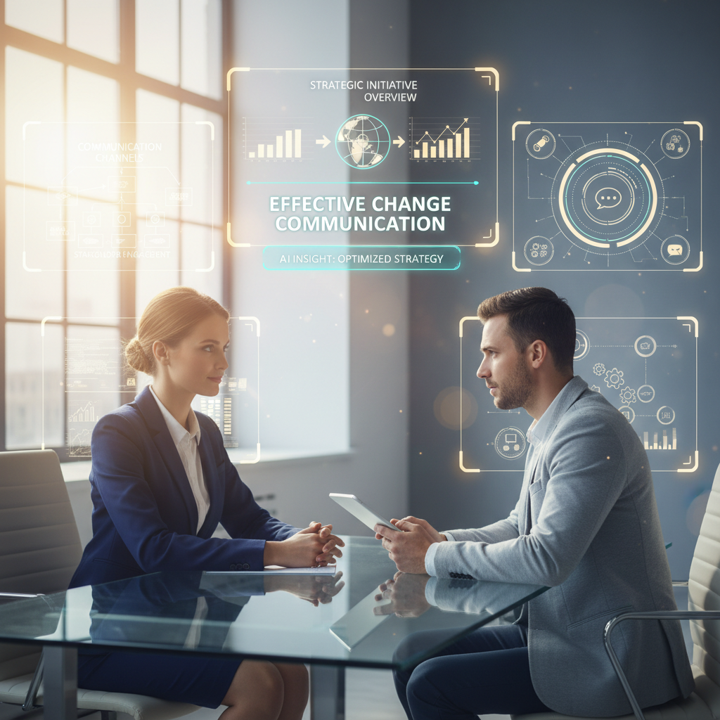 Structured interview with holo-screens showing change communication concepts in a modern office