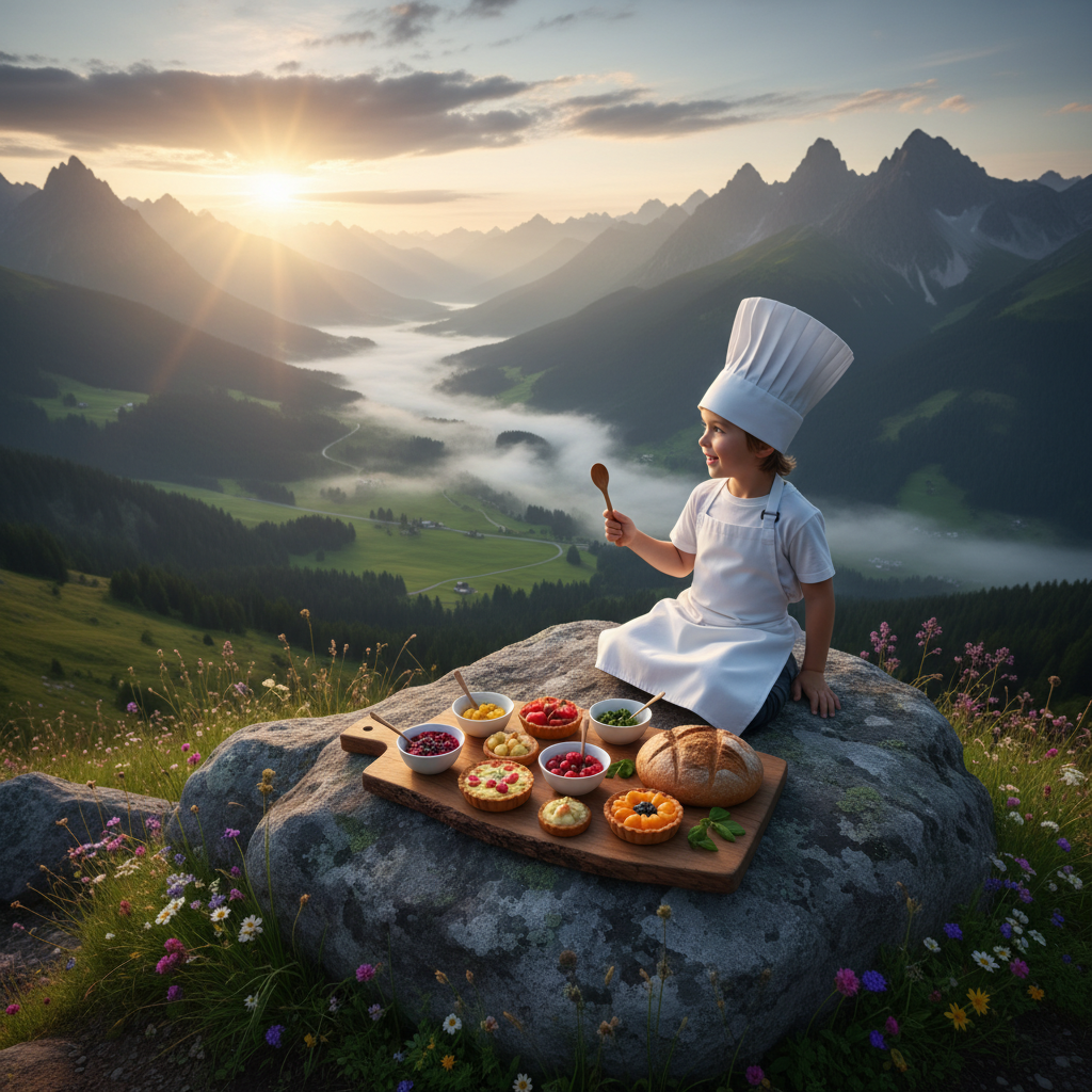 Young chef at a mountaintop picnic, arranging dishes and overlooking an inspiring landscape, symbolizing culinary adventure
