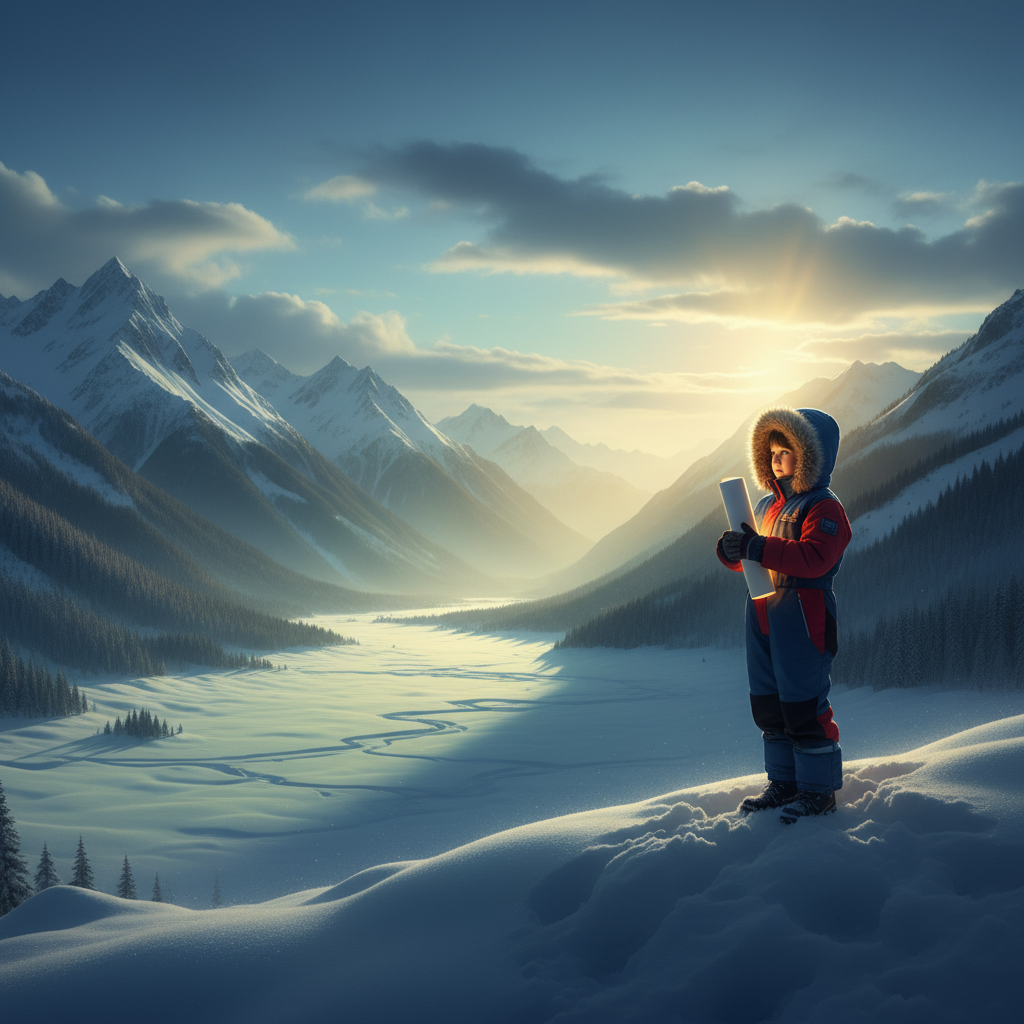 A child in a stunning winter landscape holding a glowing personalized poster, symbolizing confidence and wonder