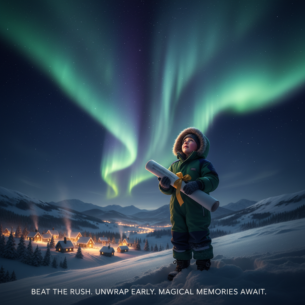 A child under a swirling sky of stars and northern lights, holding a rolled-up personalized art poster, symbolizing the magic of early Christmas preparation.