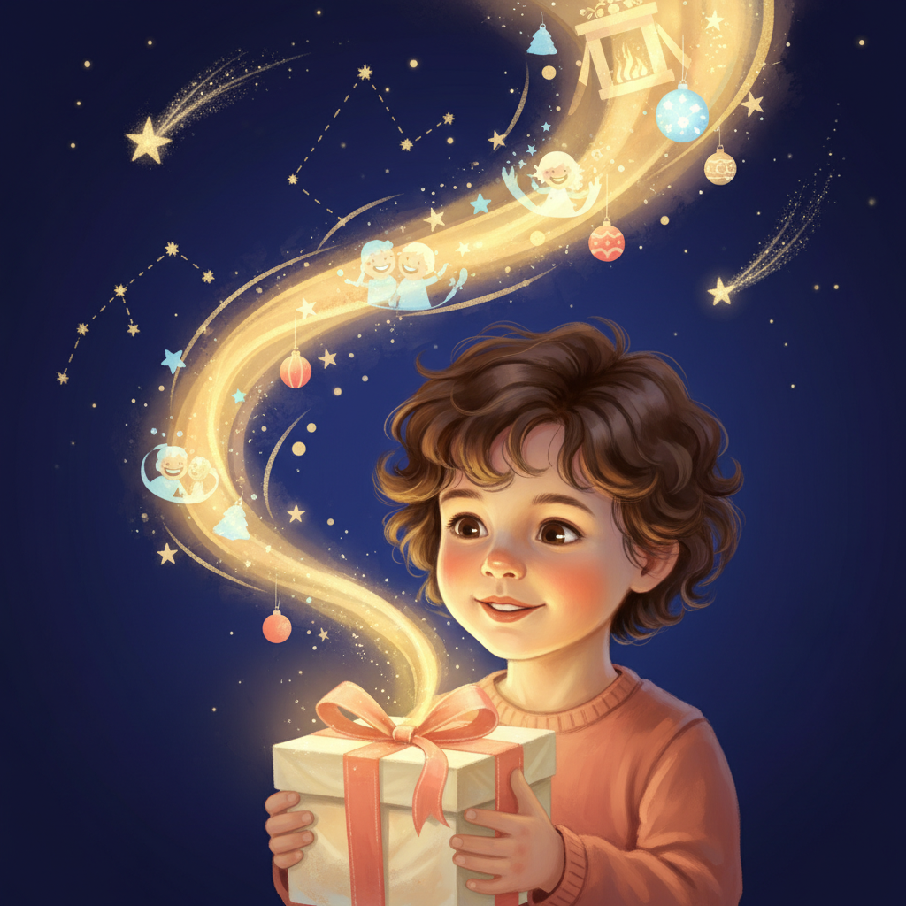 A magical Christmas morning scene with a child cradling a glowing present, symbolizing the wonder of meaningful gifts.