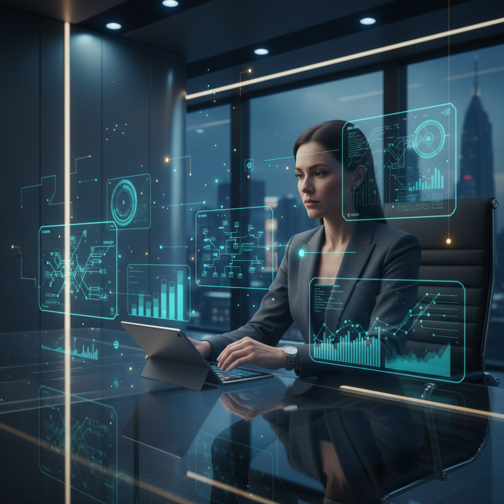 CIO candidate preparing for executive interview in a modern, digital office environment with analytical overlays