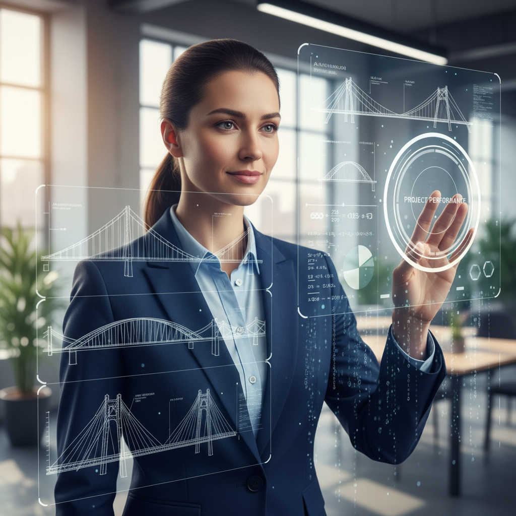 Civil engineer preparing for an interview using AI-powered analytical tools and smart feedback overlays