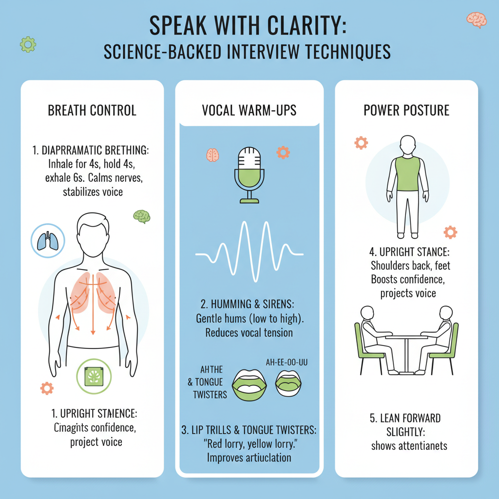 Infographic illustrating science-backed techniques for clear speaking under pressure in interviews: breathing, vocal warm-ups, posture tips