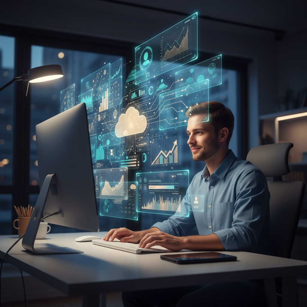 A job seeker immersed in a modern workspace, analyzing cloud infrastructure data and AI-powered feedback overlays