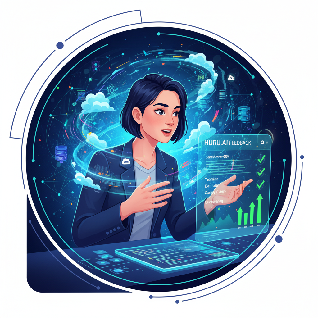 Confident candidate answering cloud engineer interview questions, with digital clouds and tech icons