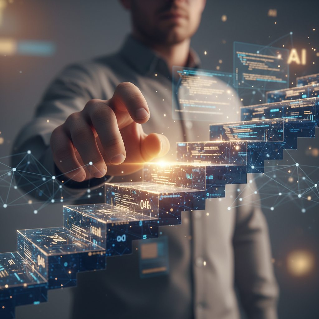 Main tendue vers un escalier de code lumineux, symbolisant la progression dans un entretien live coding