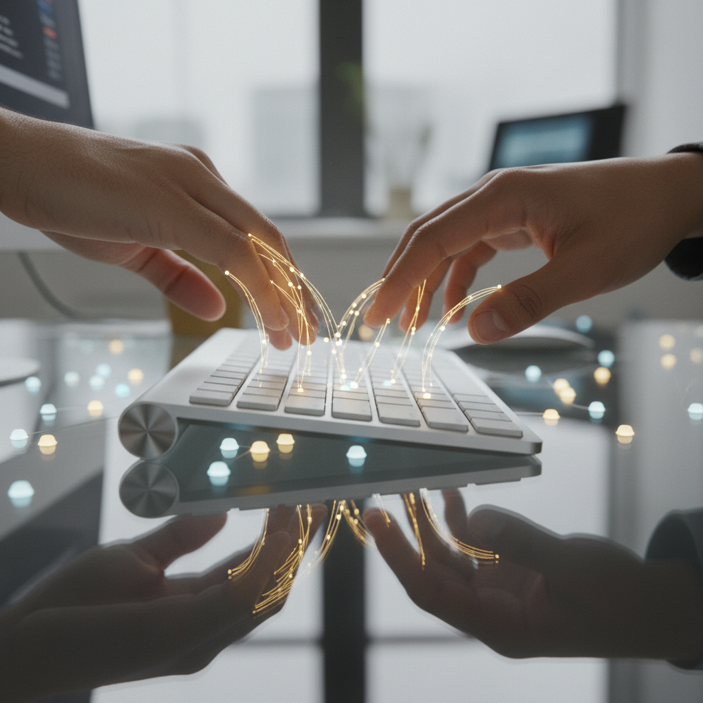 Hands poised above keyboard with glowing data threads: readiness for live CoderPad coding interviews