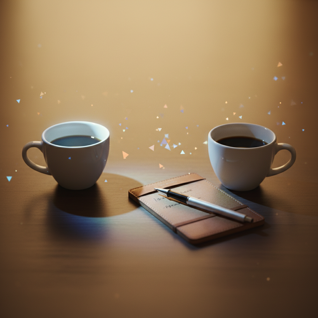 Two coffee cups on a table, one glowing with digital energy, next to a notepad and pen—symbolizing rapport and preparation in coffee chat interviews