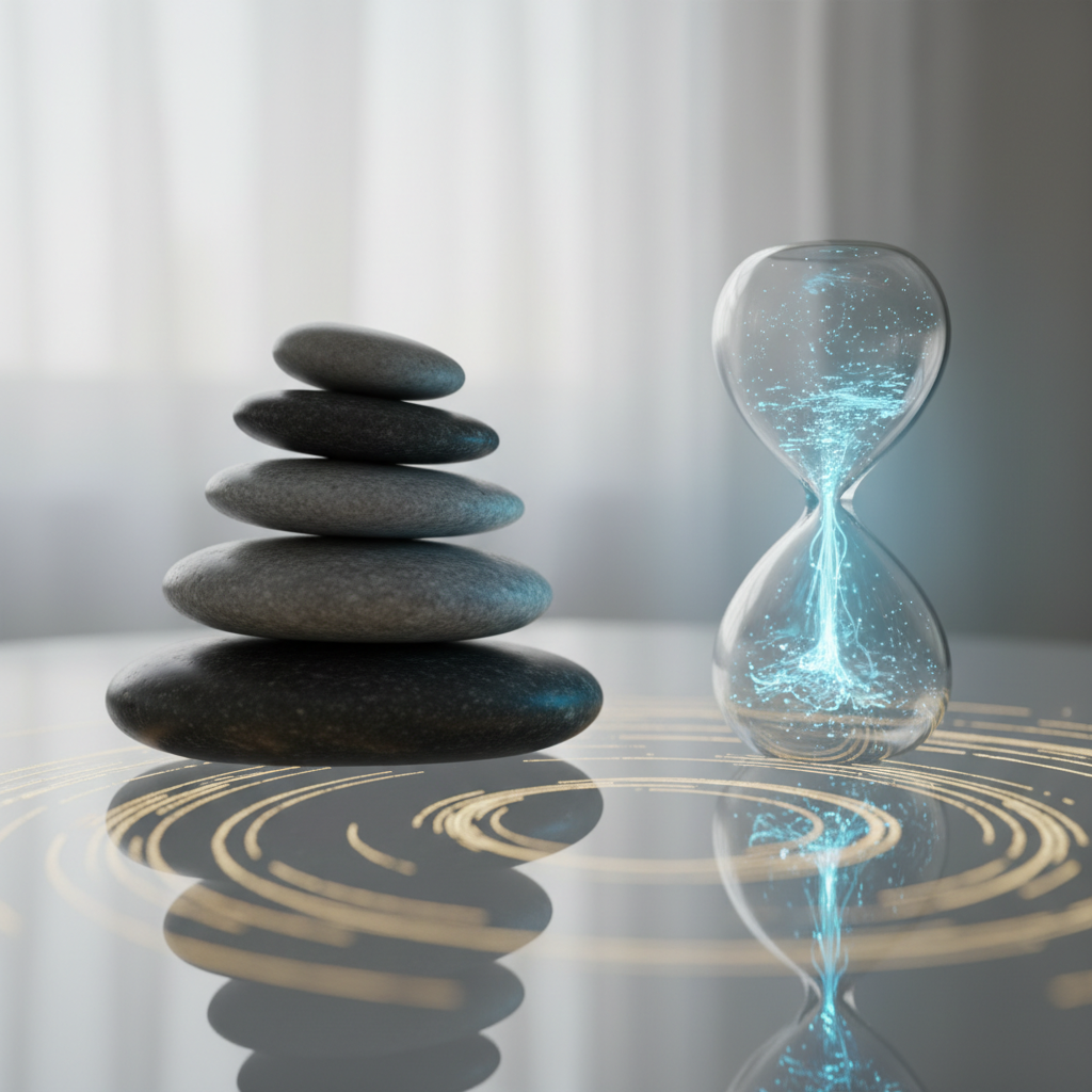 A balanced stack of stones and a glowing digital hourglass symbolize equilibrium and timing during interview pressure