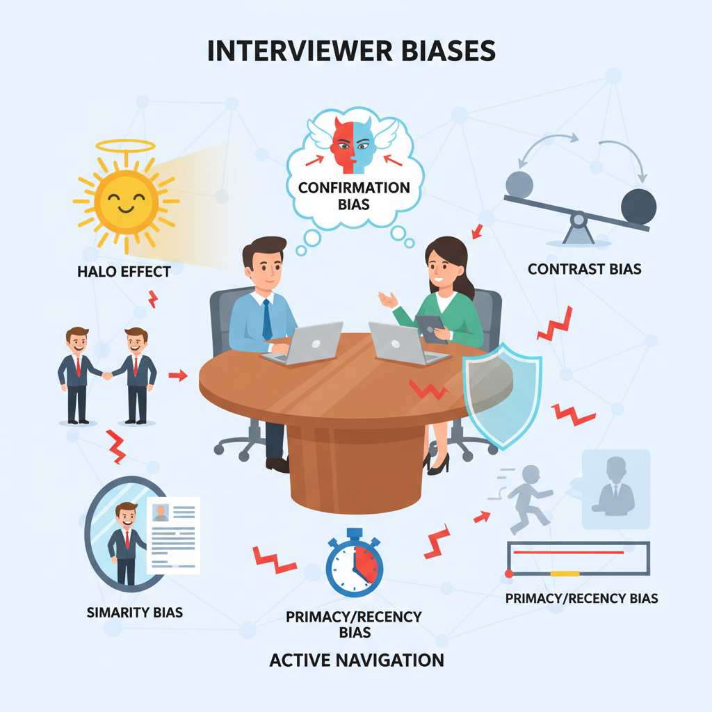 Breakdown of common interviewer biases around a job interview table