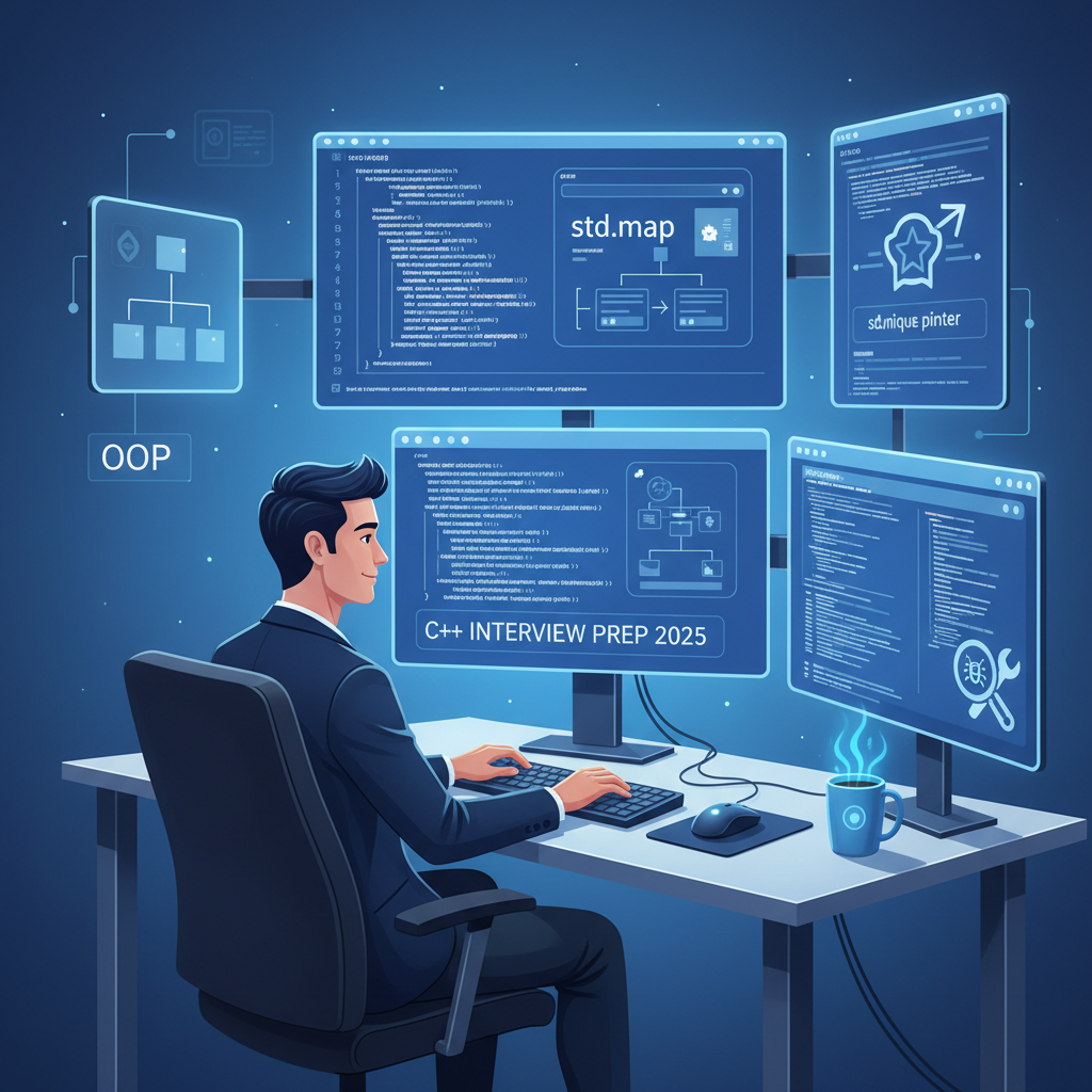 Modern C++ developer at desk with code, OOP, STL and debugging tools