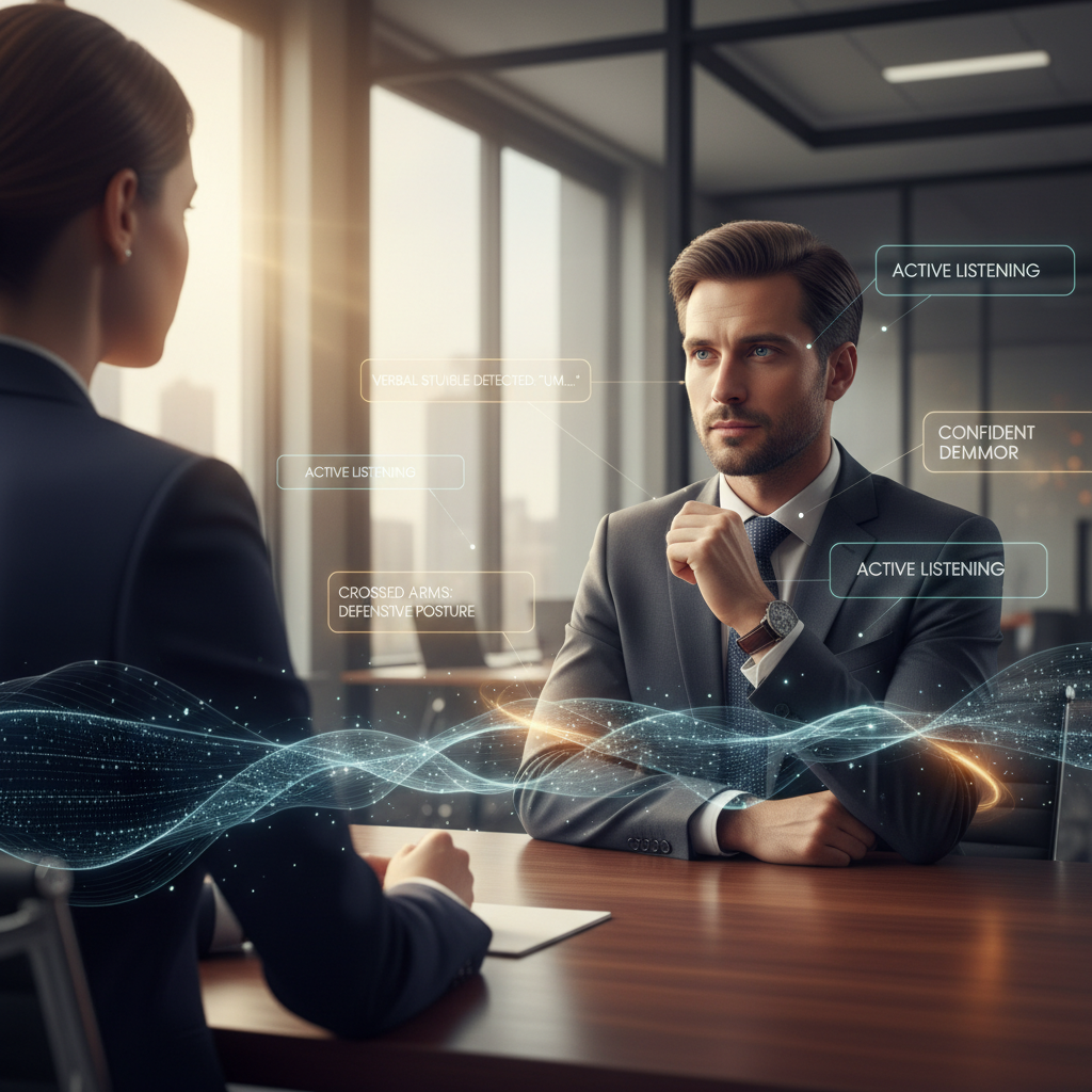 Interview room with job seeker and interviewer, AI feedback overlays highlighting interview mistakes and positives