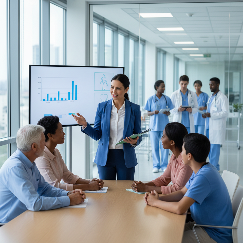 Healthcare communicator explaining medical information to patients in a hospital setting
