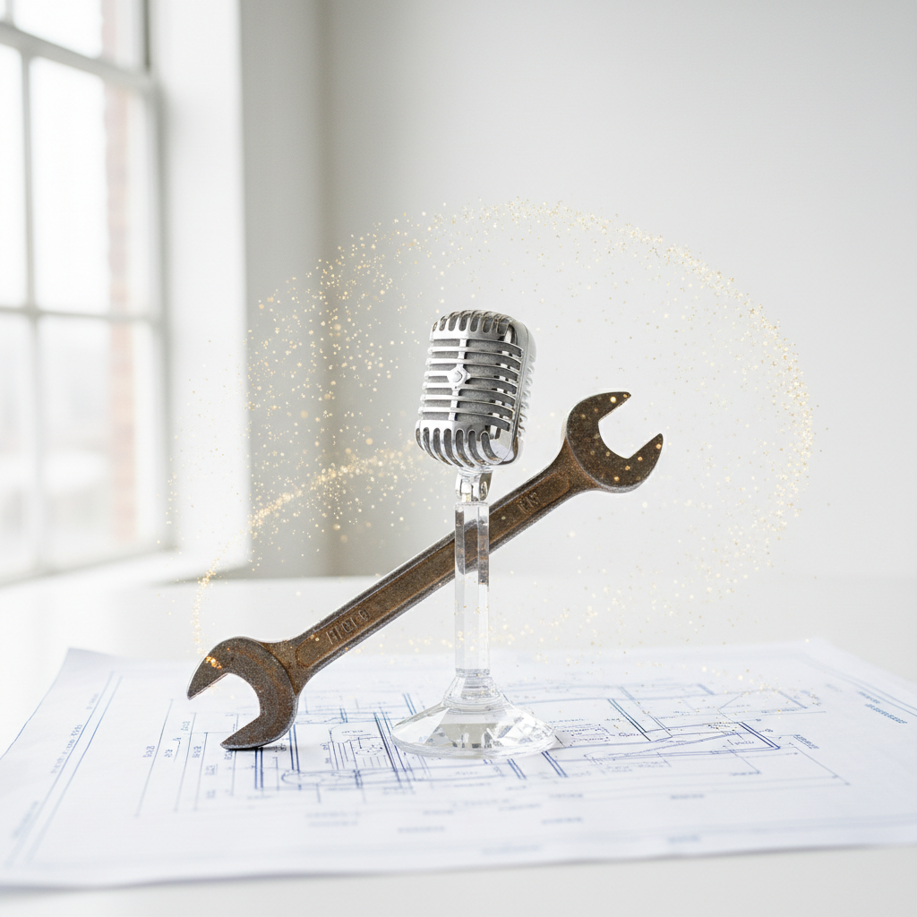 A wrench and microphone crossed over blueprints, symbolizing technical and communication mastery.