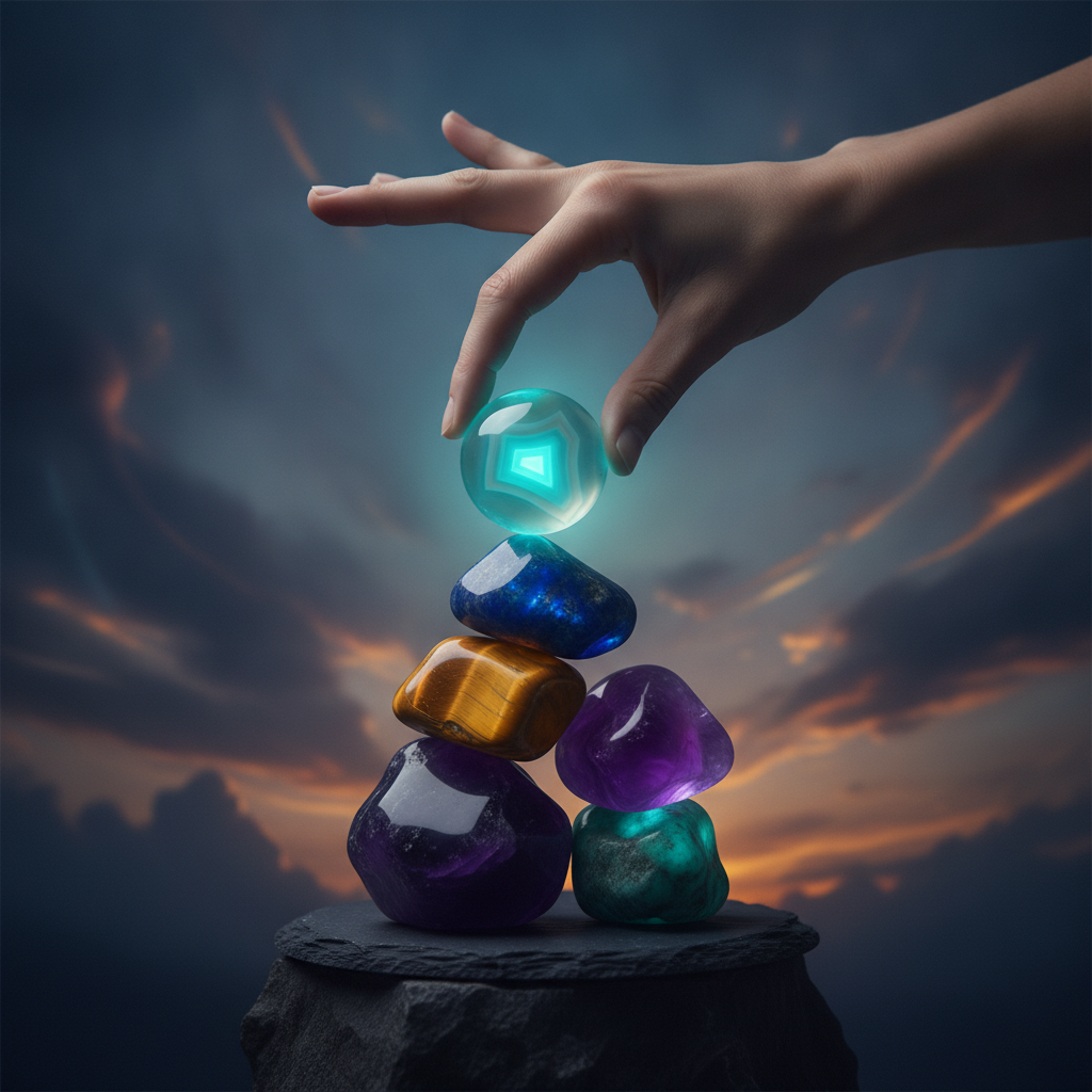 Metáfora visual de autocontrol: mano equilibrando piedras brillantes bajo presión
