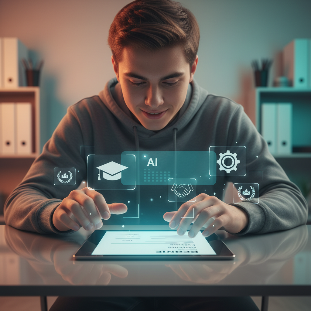 Estudiante creando su primer CV en una tablet con elementos digitales