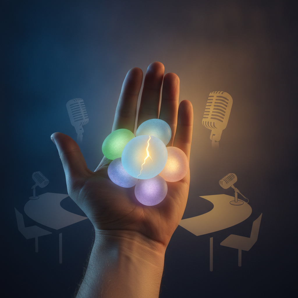 Muletillas en entrevistas representadas como piedras brillantes, una emitiendo luz dorada al romperse, simbolizando superación