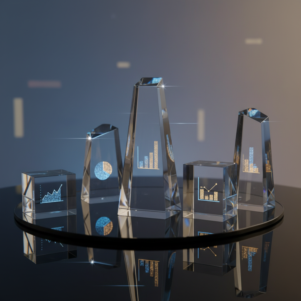 Troféos y gráficas conceptuales de logros profesionales medibles