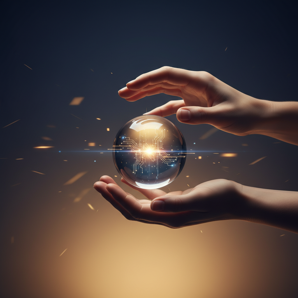 Dos manos intercambiando una esfera luminosa, representando el acto de pedir feedback en la entrevista