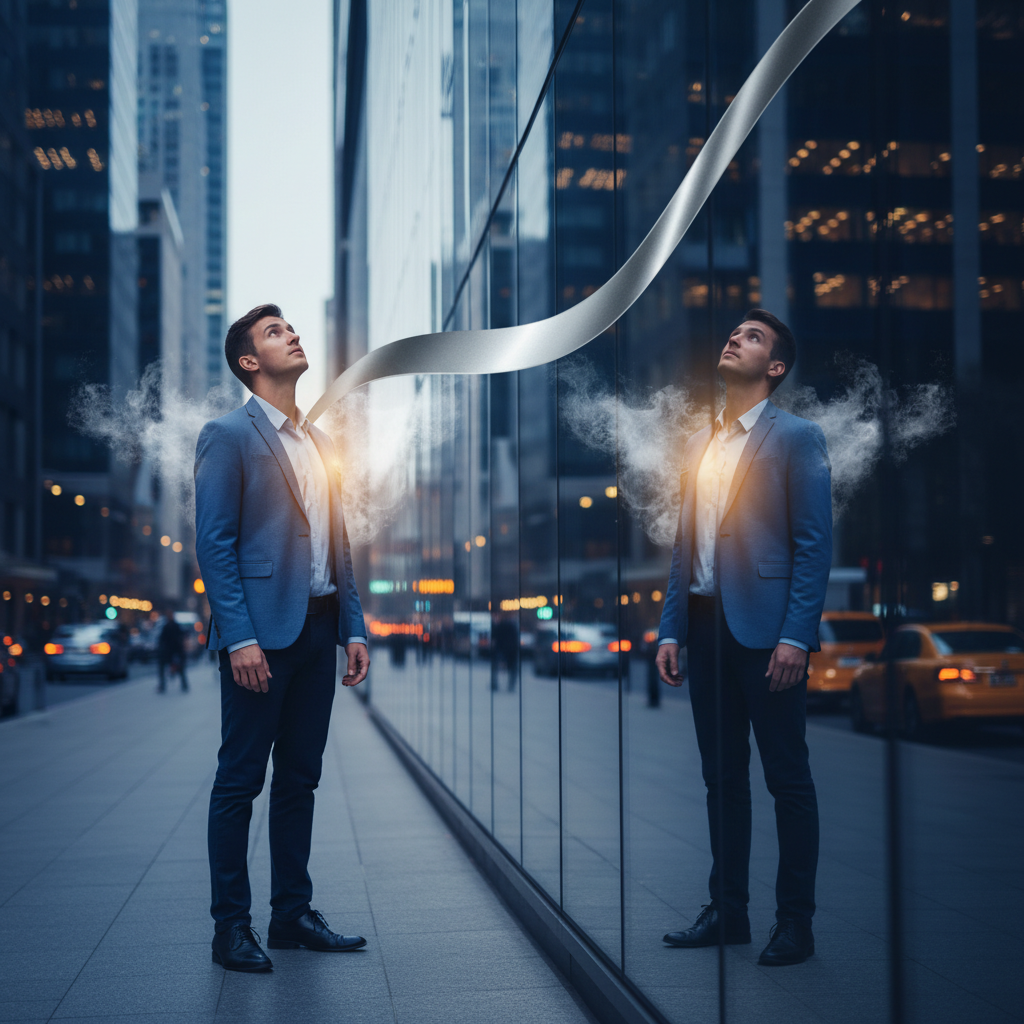 Reflejo de fortaleza: Un candidato se observa en un edificio de cristal, viendo su versión más segura y tranquila, mientras los nervios se disipan como niebla