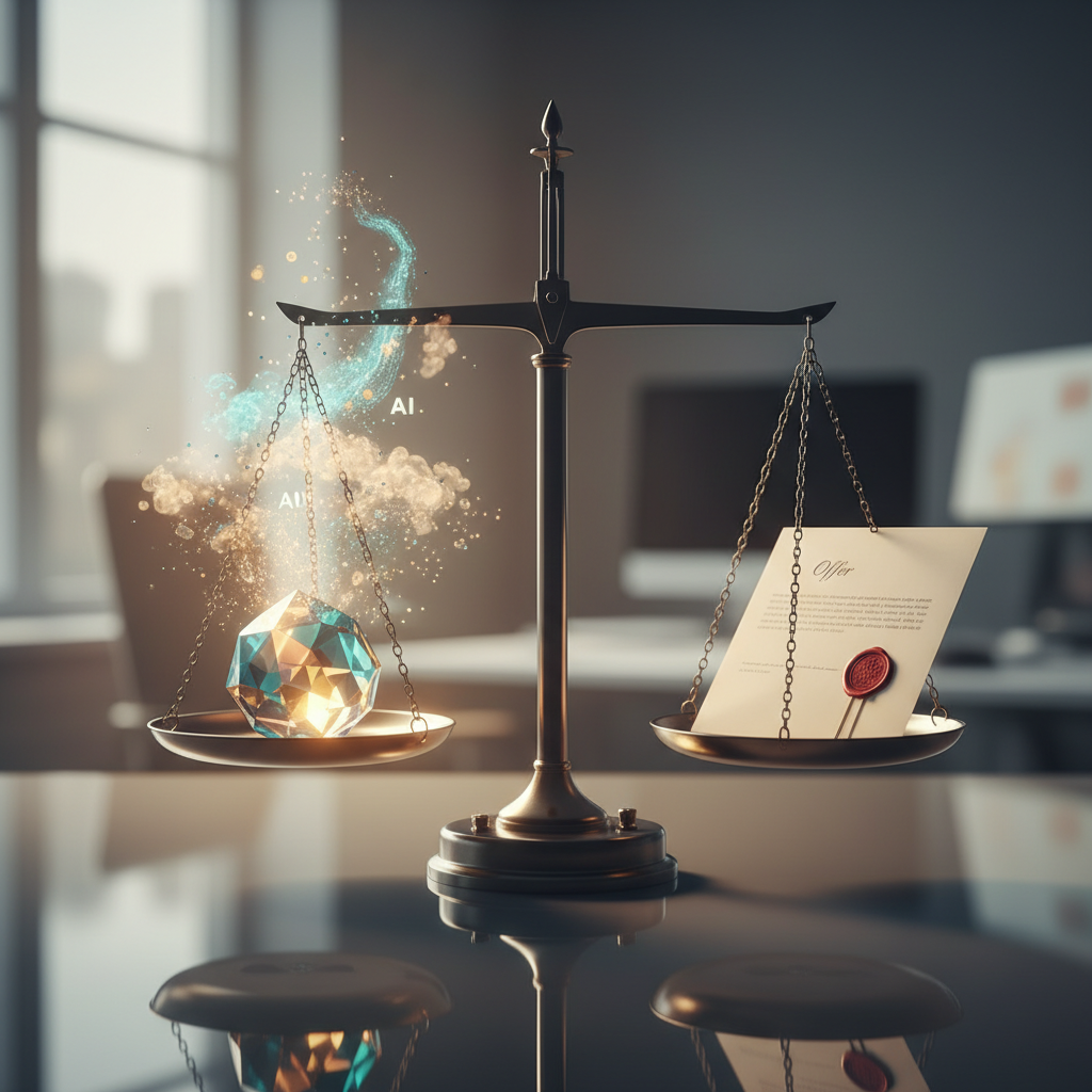 Balanced scales representing job offers and self-worth, glowing crystal and offer letter on either side, symbolizing negotiation power