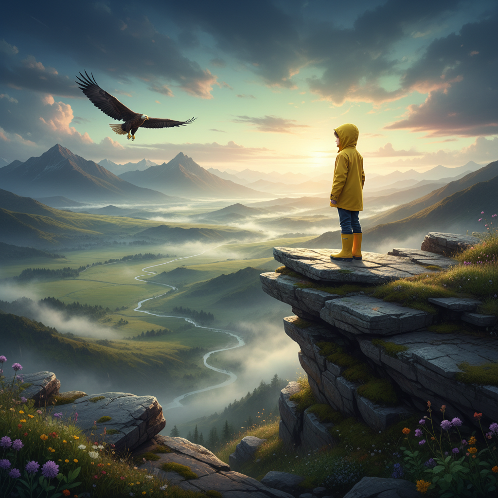 A child in a bright raincoat stands on a cliff, looking over a sunlit landscape after a storm, symbolizing resilience and hope after failure