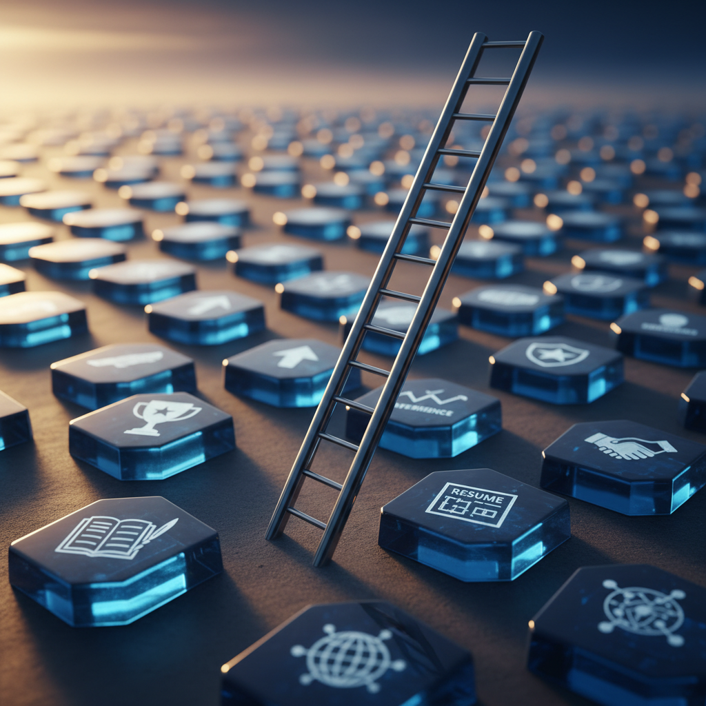 Metaphorical ladder and data stepping stones representing interview evidence and achievements