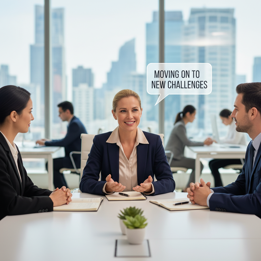 Confident job seeker explaining reason for leaving a job in an interview with a reassuring smile