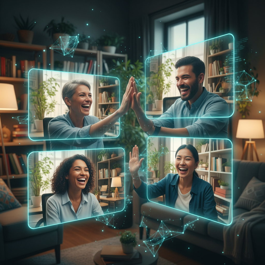 Remote team members celebrating successful conflict resolution with virtual high-fives and holographic AI overlays