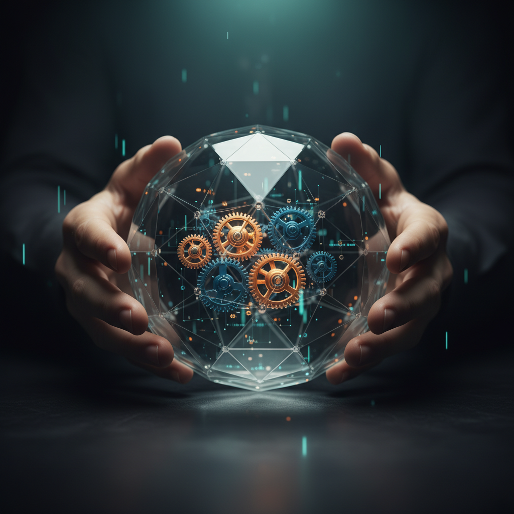 Manos sosteniendo un cristal con engranajes simbolizando el análisis y la solución de conflictos laborales